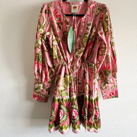 Farm Rio New Aura Floral Pink Tiered Mini Peasant Dress Medium Long Sleeve - Picture 3 of 15